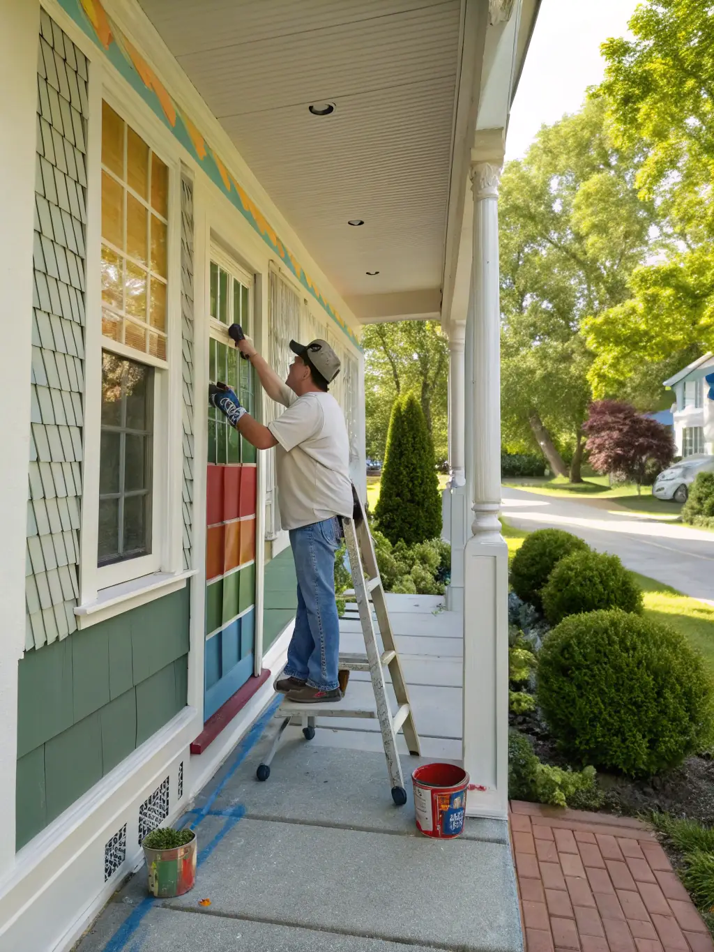 A vibrant image of a freshly painted Wilmington house, with a painter applying a bright, weather-resistant coat to the exterior trim.