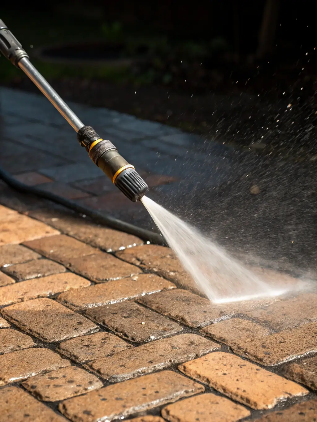 A close-up of a power washing technician cleaning a brick walkway, with water spray visibly lifting away embedded stains and moss.