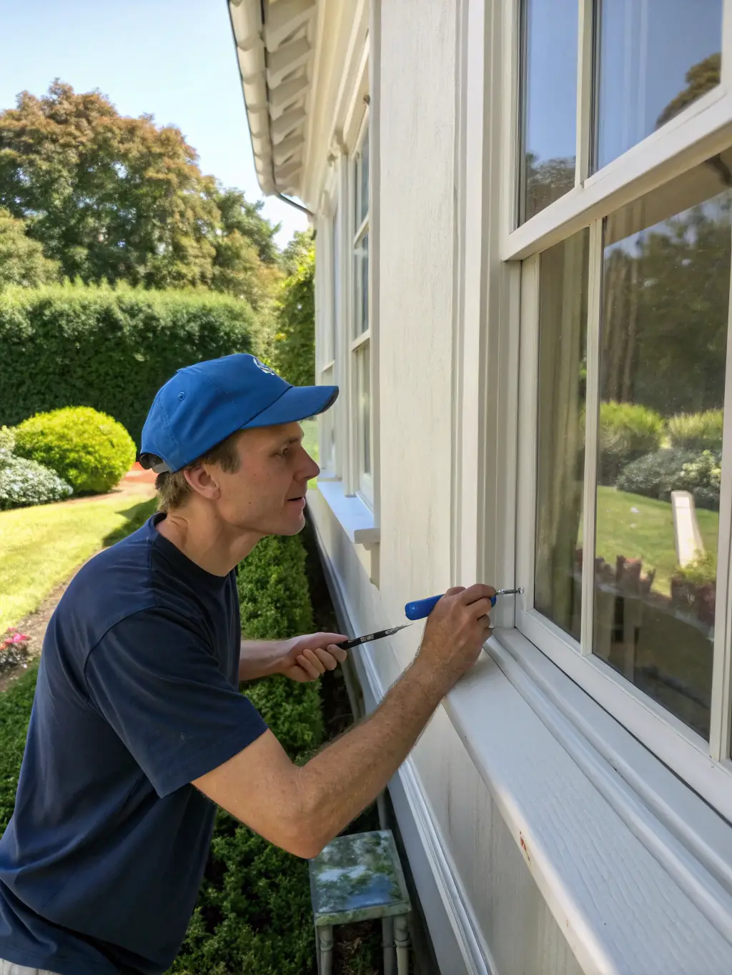A detailed image of a painter carefully prepping and painting wooden shutters on a historic Wilmington home, highlighting craftsmanship.