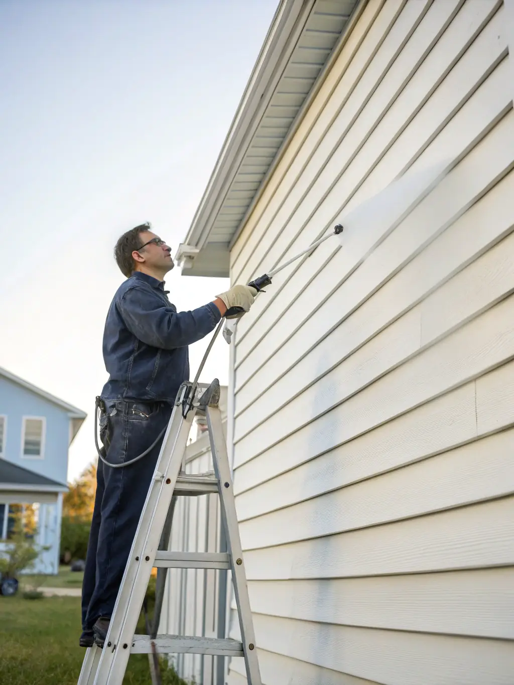 A high-resolution photo of a Wilmington technician power washing the siding of a coastal home, with a clear before-and-after contrast showing dirt removal.